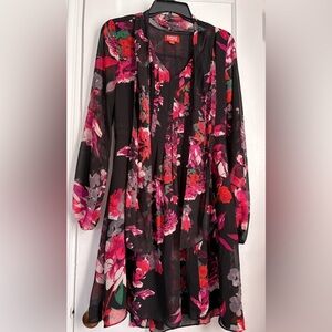 Kirna Zabete Black Sheer Floral Long Sleeve V -Neck Layered Dress, Sz: Medium